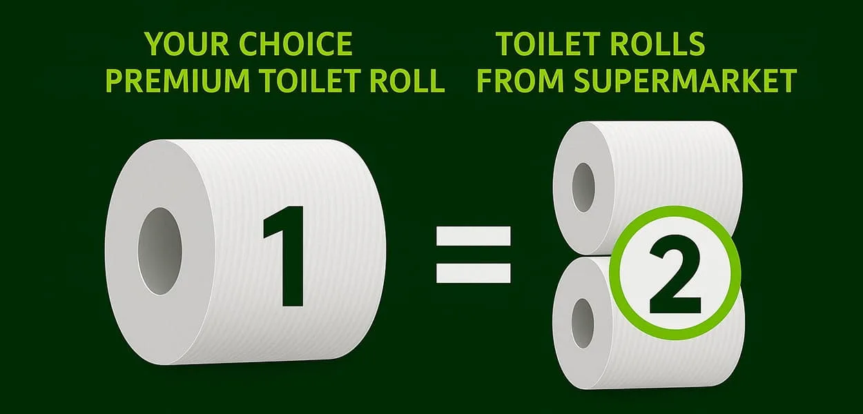 Comparison: 1 Your Choice premium toilet roll equals 2 supermarket rolls